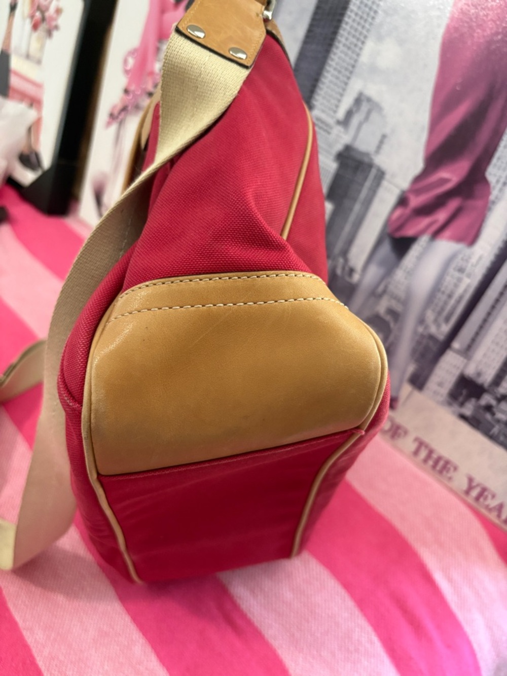 Coach Red Canvas Messenger Bag with Cream Strap and Tan Trim - Picture 12 of 12